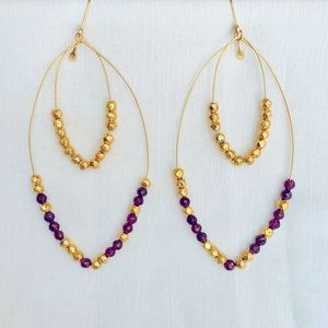 NWOT Gold Wire Hoop Earrings 10K Purple Glass Bead Shauna Neely